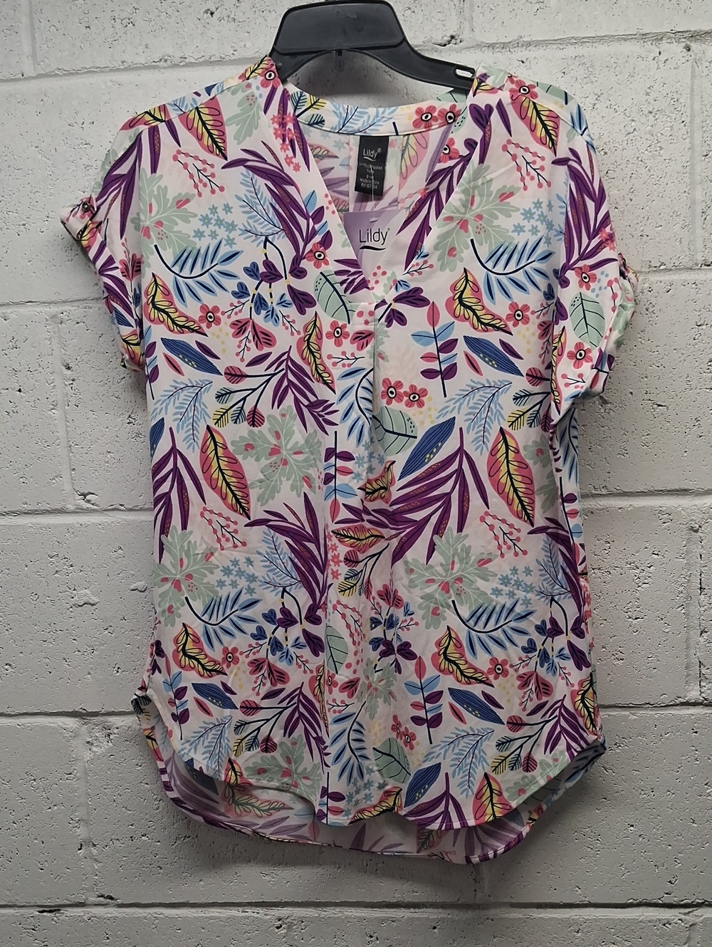 NWT Womens Lildy Floral V-Neck Short Sleeve Blouse in Purple Multicolor